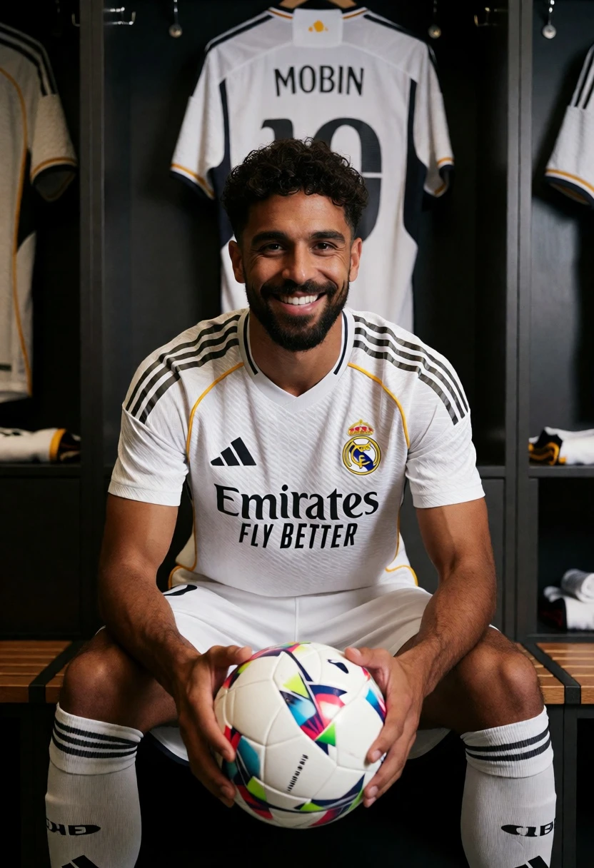 Soccer player smiling in white real madrid kit inside a wooden locker - AI generated image prompt sample