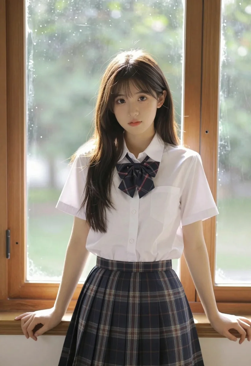 Young woman with dark hair by window sunlight wearing plaid skirt - AI generated image prompt sample