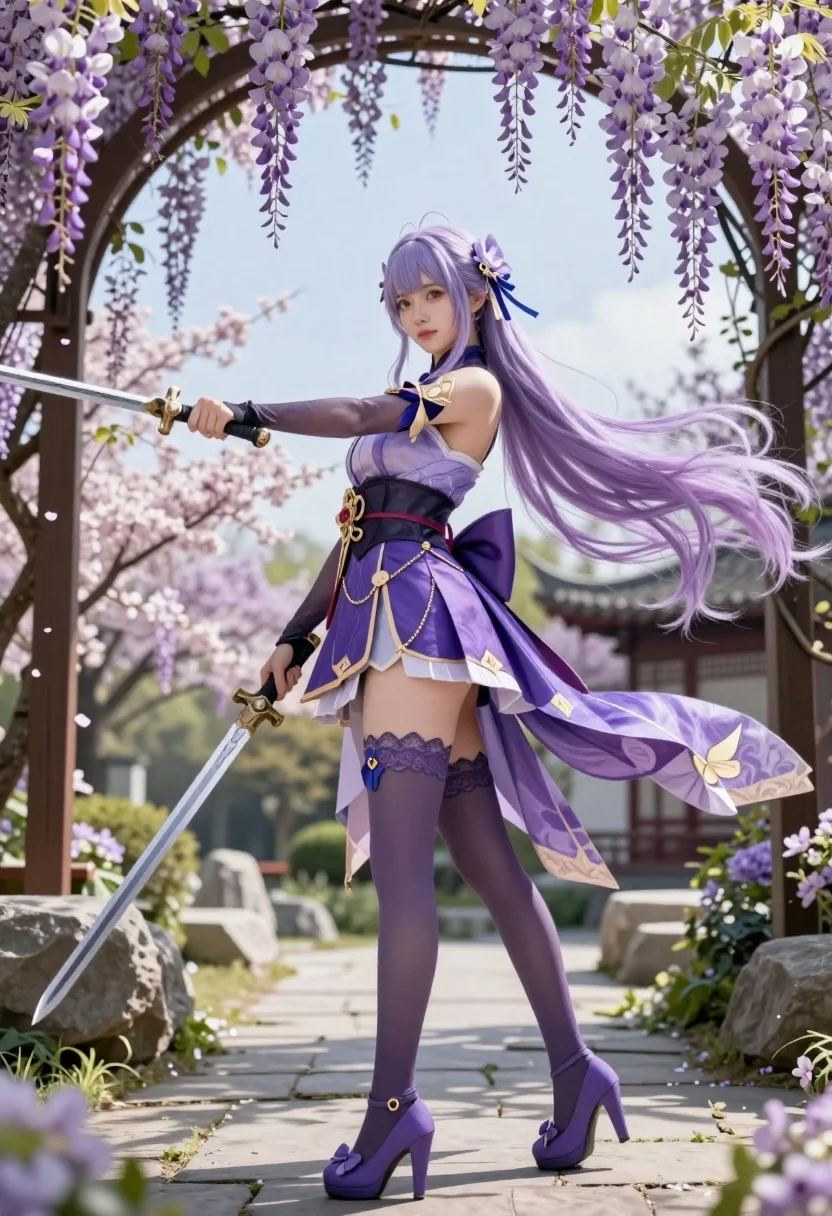 Young woman in purple fantasy attire holding swords in wisteria garden - AI generated image prompt sample