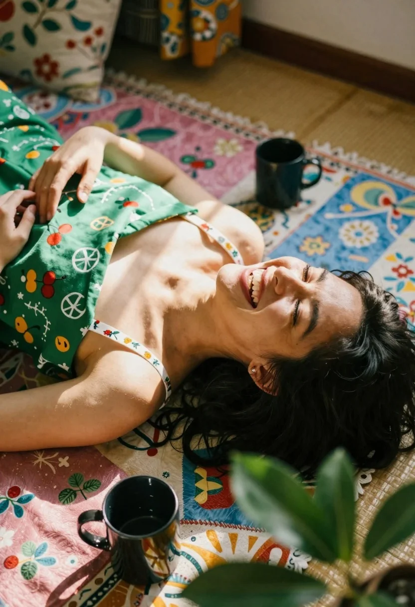 Joyful woman laughing indoors under bright sunlight high angle view