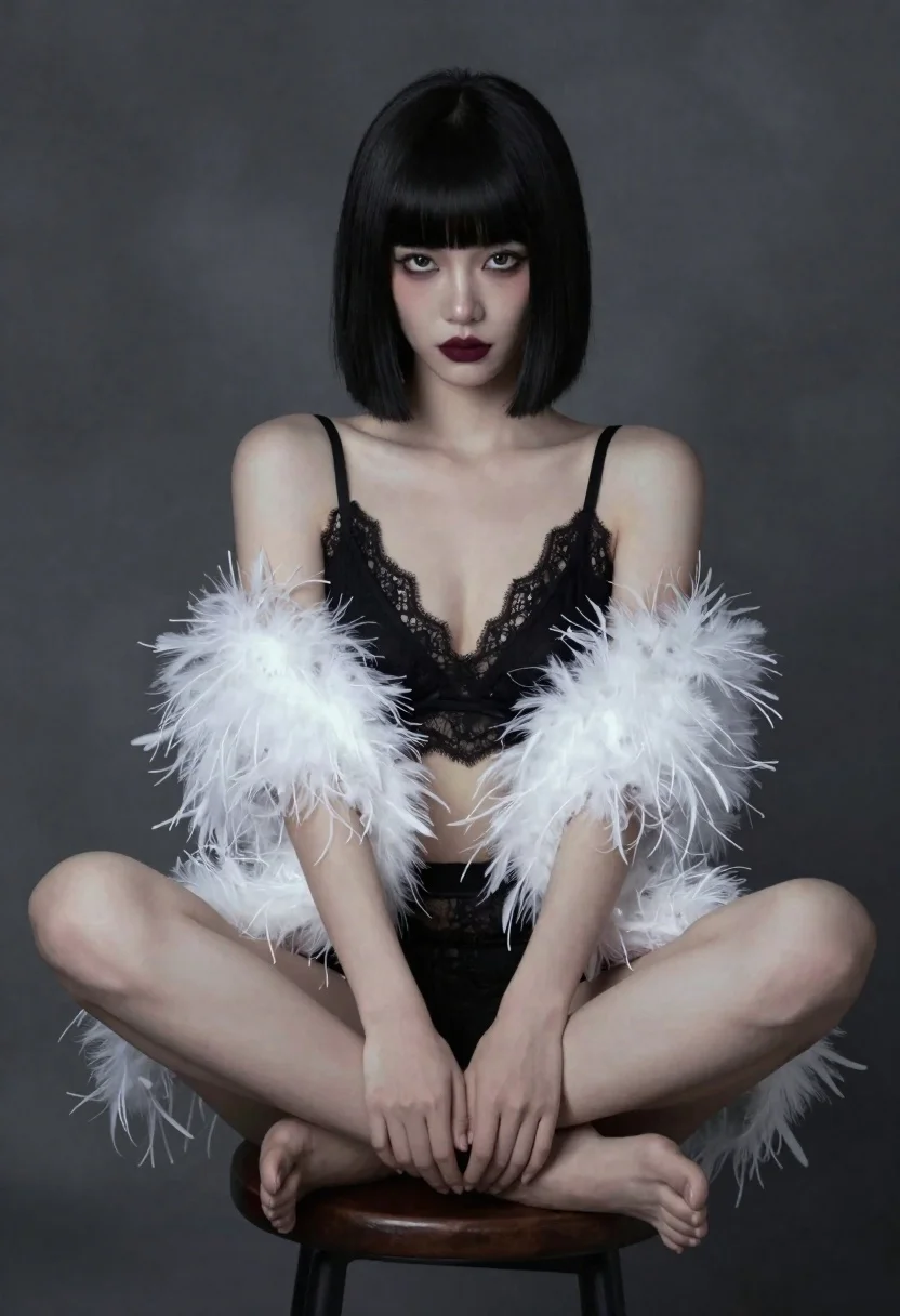 Woman in black lace and white feathers sitting on stool studio portrait - AI generated image prompt sample