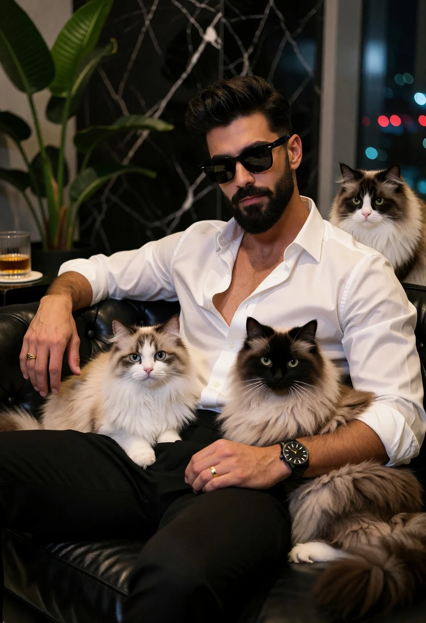 Stylish man with beard sitting on black couch surrounded by three fluffy - AI generated image prompt sample
