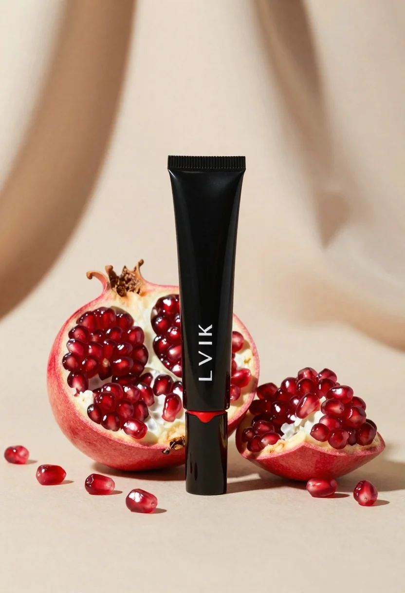 Black makeup tube next to open red pomegranate on beige background