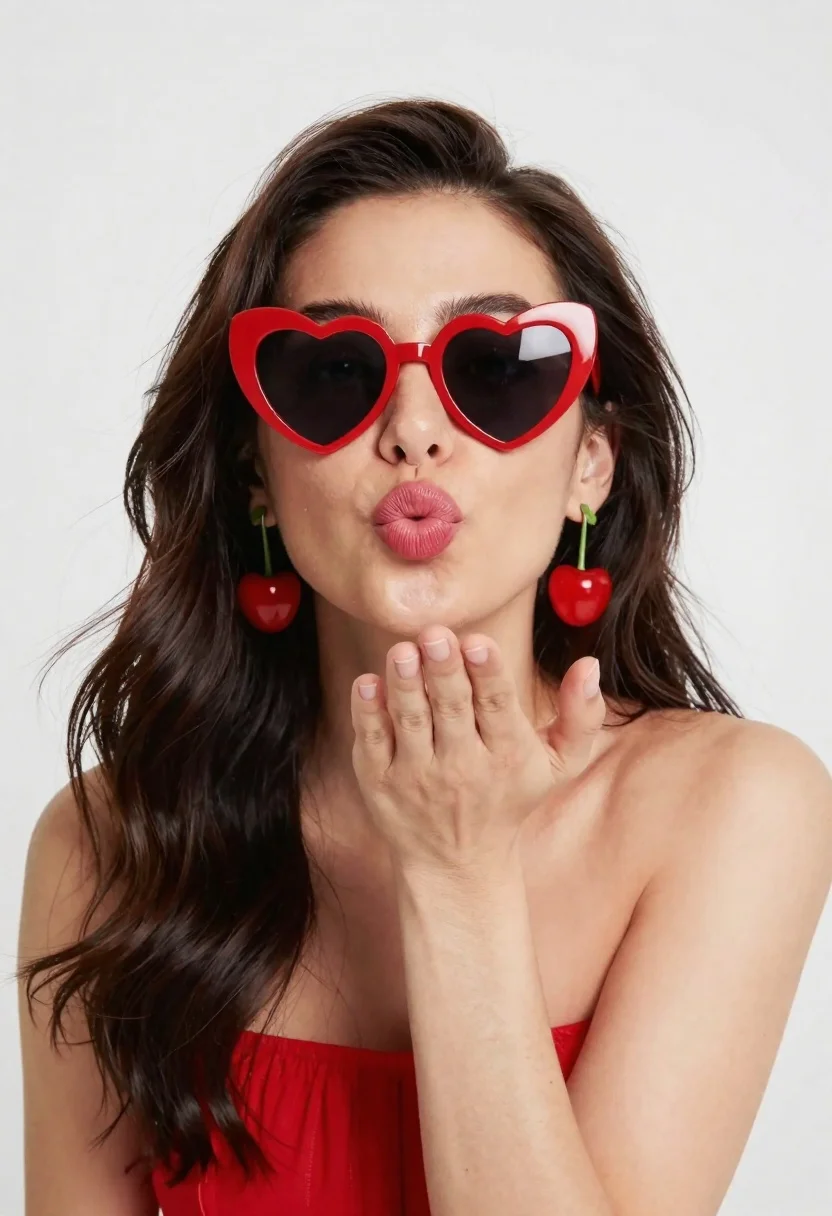 Young woman blowing kiss wearing heart sunglasses and red top in studio - AI generated image prompt sample