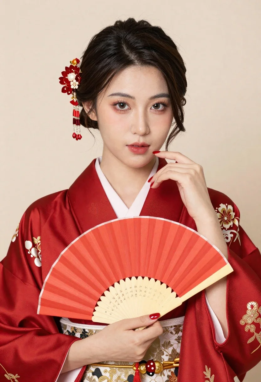 Poised woman in red silk kimono holding fan against white background - AI generated image prompt sample