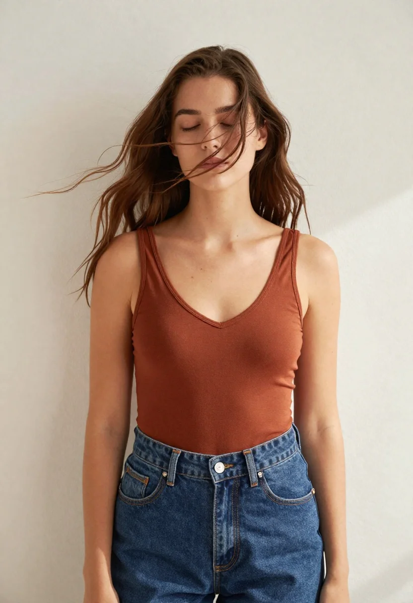 Young woman with brown hair against white wall wearing denim jeans