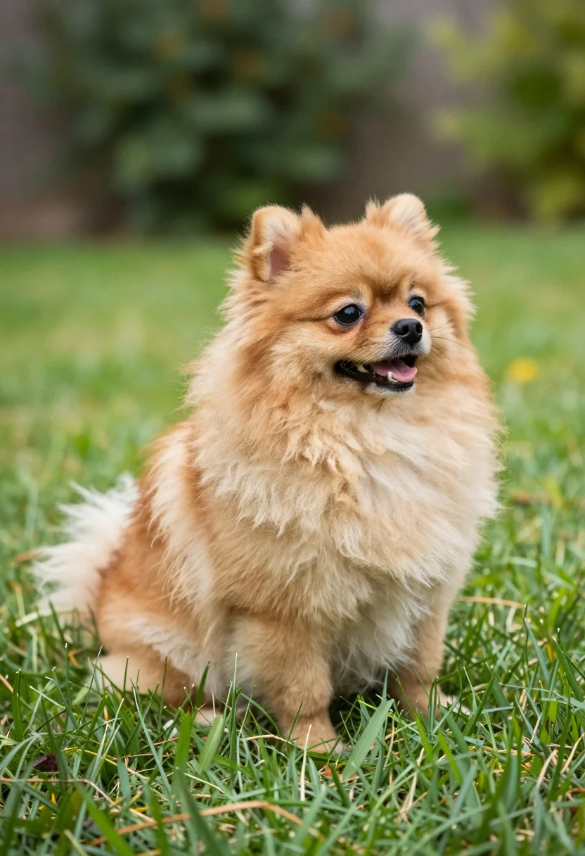 Happy fluffy pomeranian dog sitting on lush green lawn in bright daylight - AI generated image prompt sample