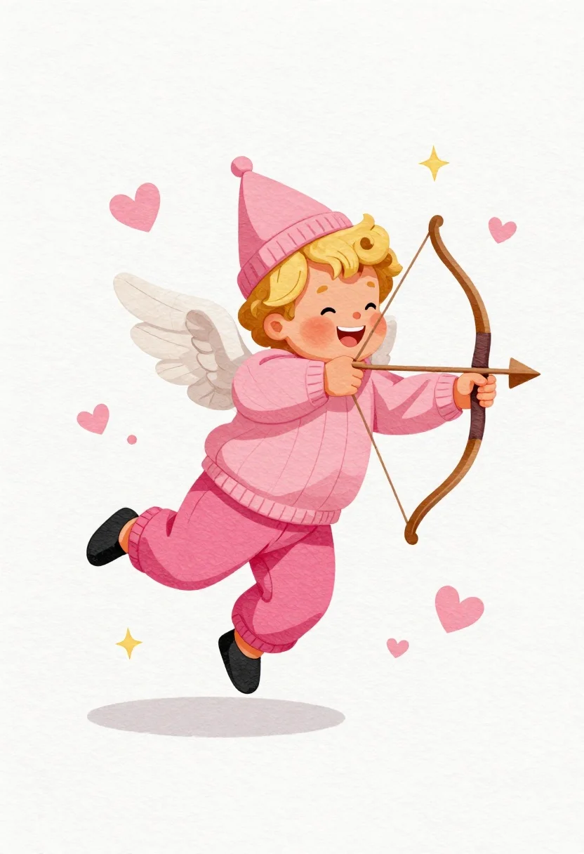 Chubby cupid flying with bow on white paper