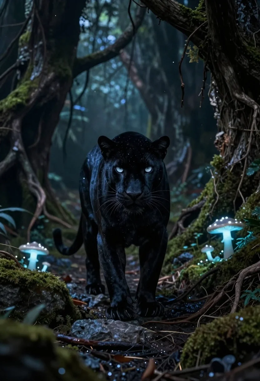 Black panther emerging from shadows in a fantasy forest - AI generated image prompt sample