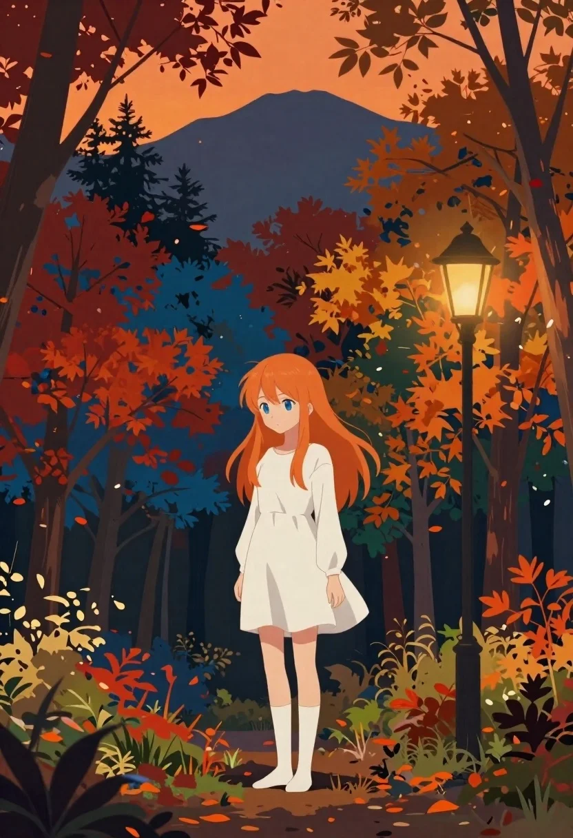 Anime girl in autumn forest with colorful foliage - AI generated image prompt sample
