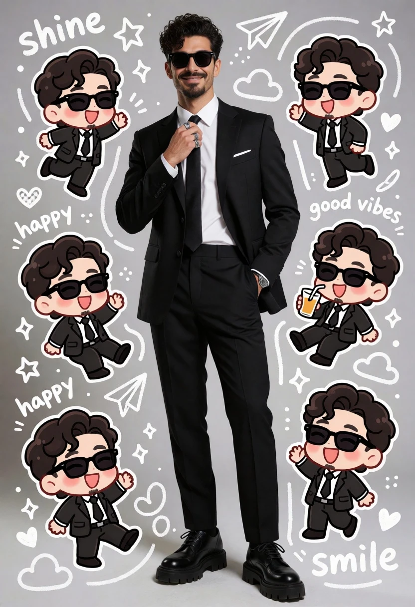 Photorealistic man surrounded by six chibi versions in studio setting - AI generated image prompt sample