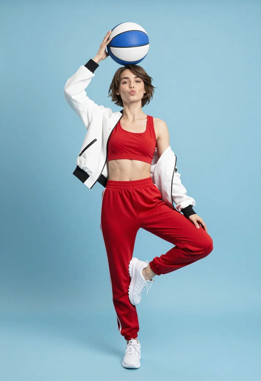 Young woman balancing basketball in athletic wear against light blue studio background - AI generated image prompt sample