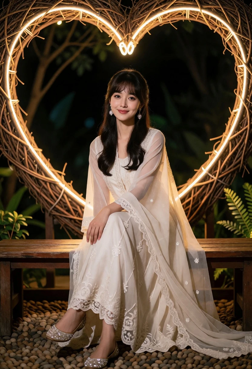 Woman sitting gracefully on bench framed by glowing heart structure at night - AI generated image prompt sample