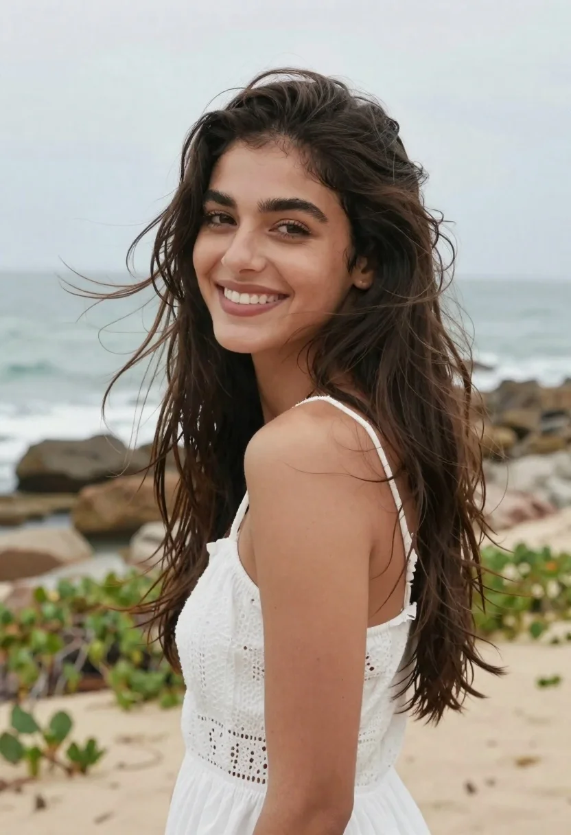 Smiling woman with dark hair looking back over shoulder at beach