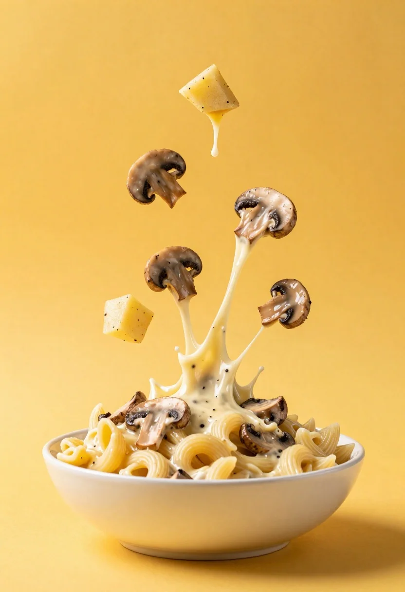 Explosion of creamy mushroom pasta erupting from a white bowl against yellow - AI generated image prompt sample