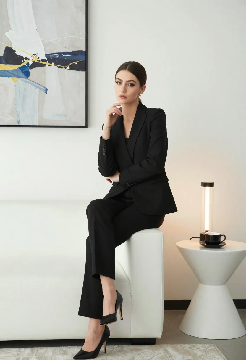 Woman in black pantsuit posing in minimalist modern room