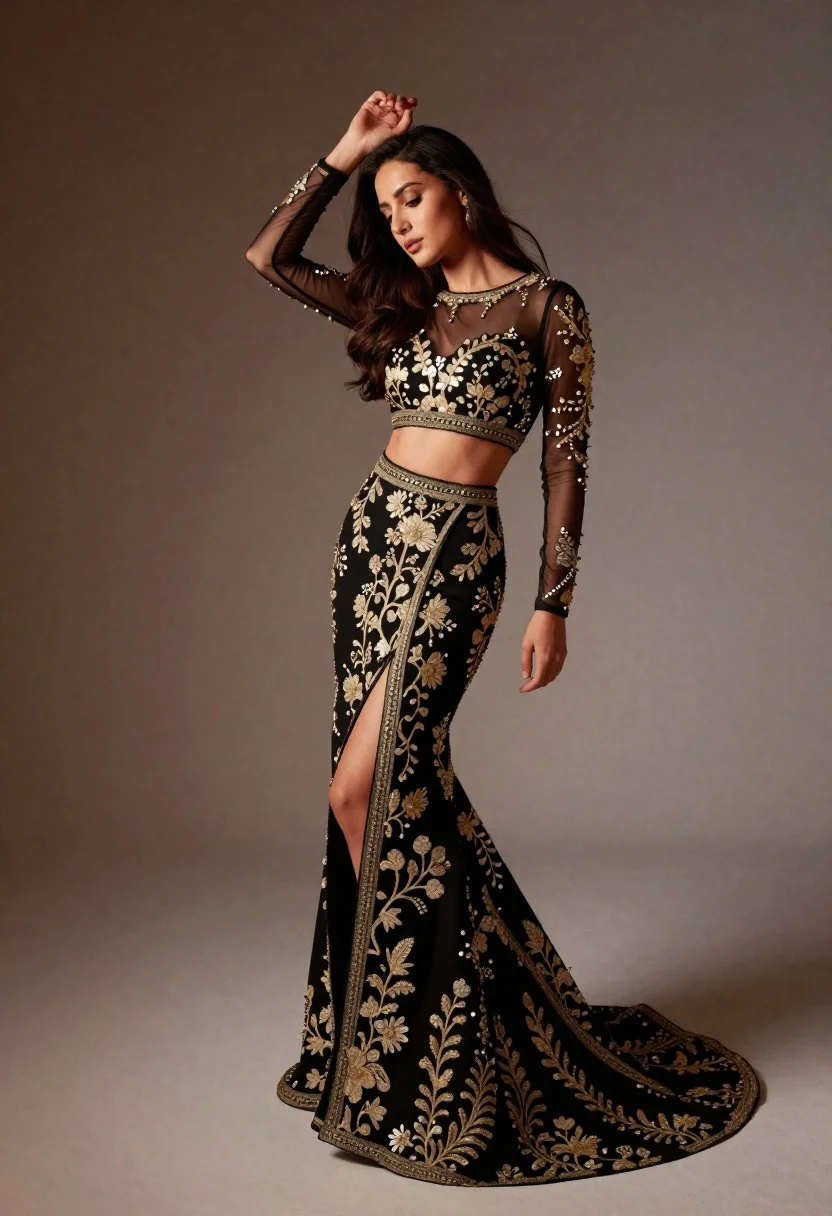 Full length studio portrait of woman in elaborate black and gold ensemble