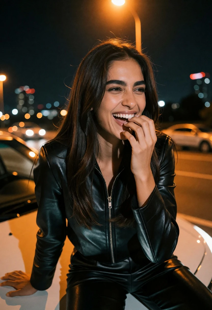 Woman laughing on car hood at night under orange street lamp glow - AI generated image prompt sample