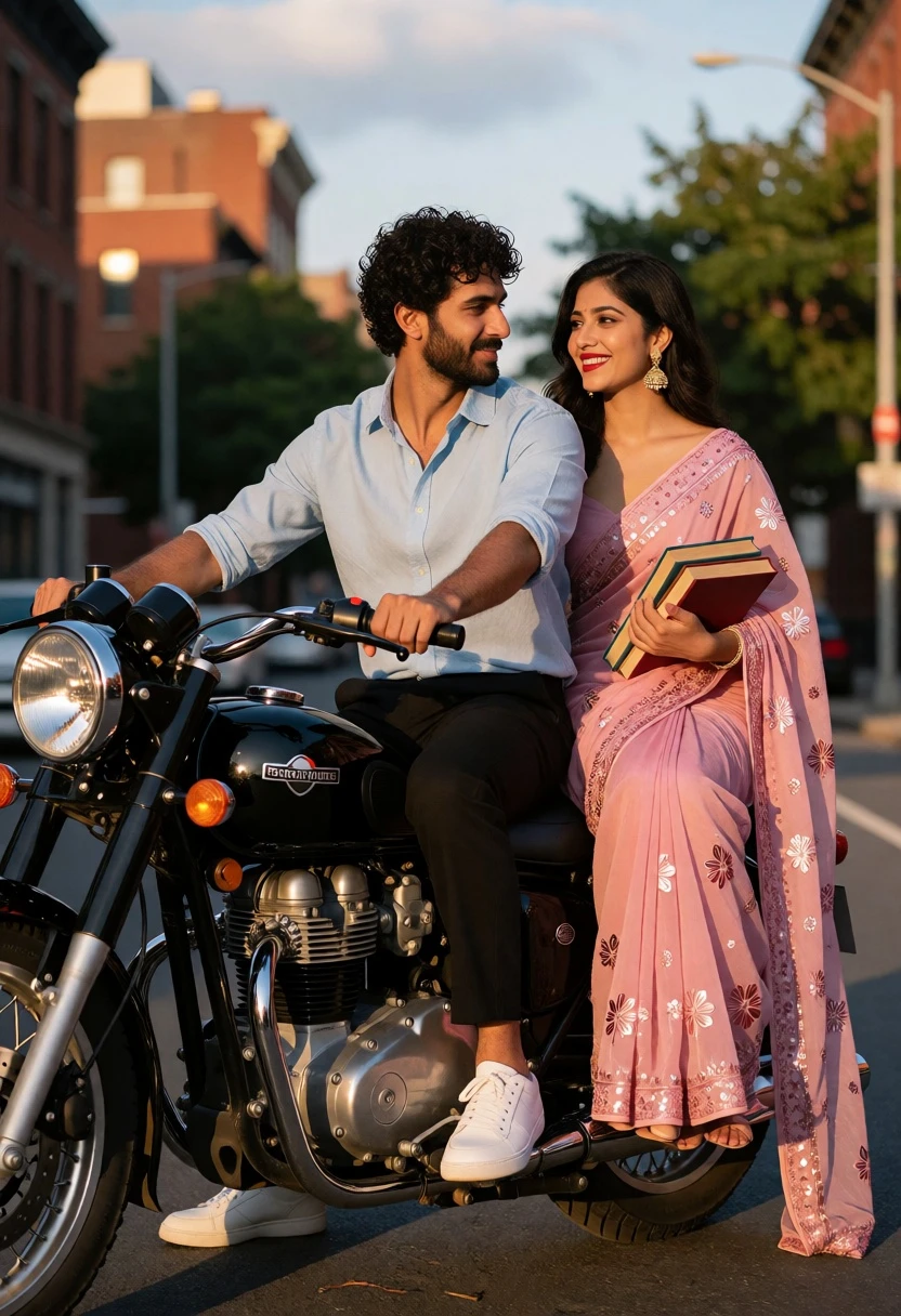 Romantic couple on black motorcycle in urban street at golden hour - AI generated image prompt sample