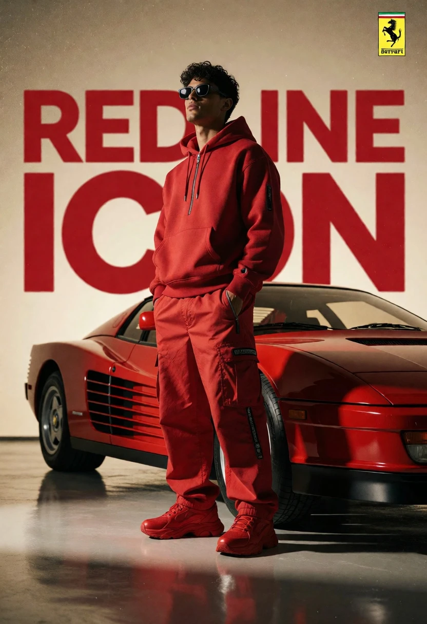 Man in red outfit beside classic ferrari testarossa in studio setting - AI generated image prompt sample