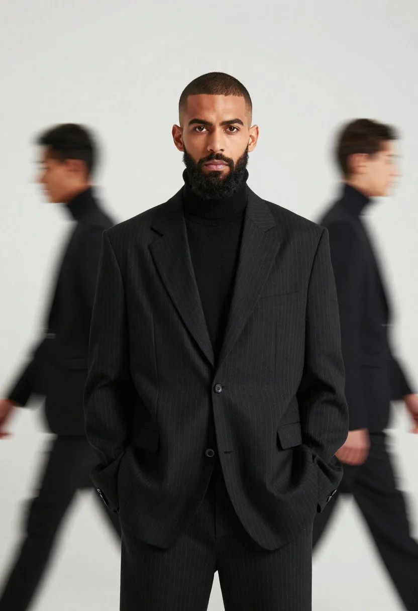 Male model in black pinstriped suit against white backdrop - AI generated image prompt sample