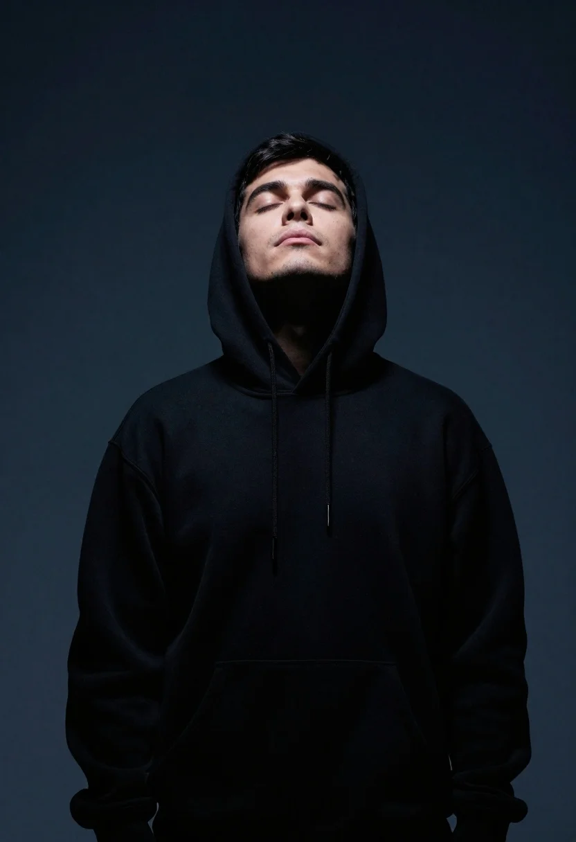 Portrait of man in black hoodie with closed eyes - AI generated image prompt sample