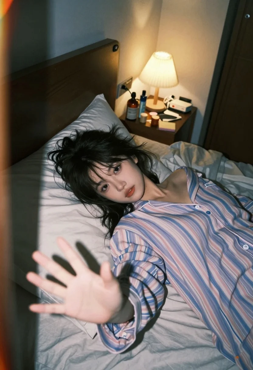 Young woman with dark messy hair reclining in dimly lit bedroom setting - AI generated image prompt sample