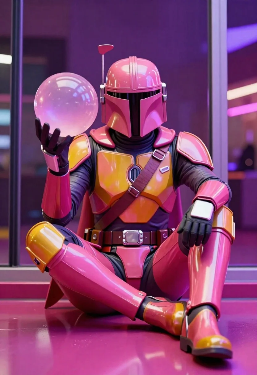 Mandalorian character in pink and gold armor on magenta surface