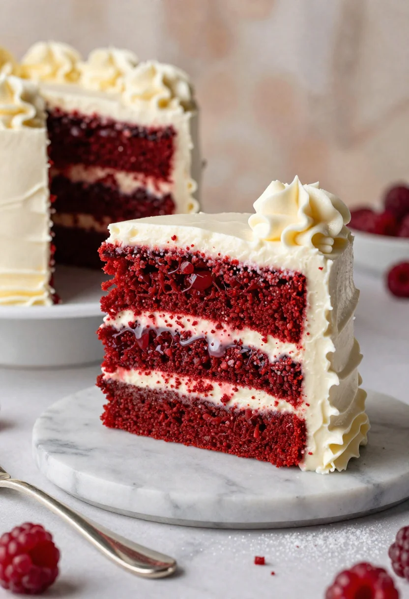 Close up of decadent red velvet cake slice on marble surface