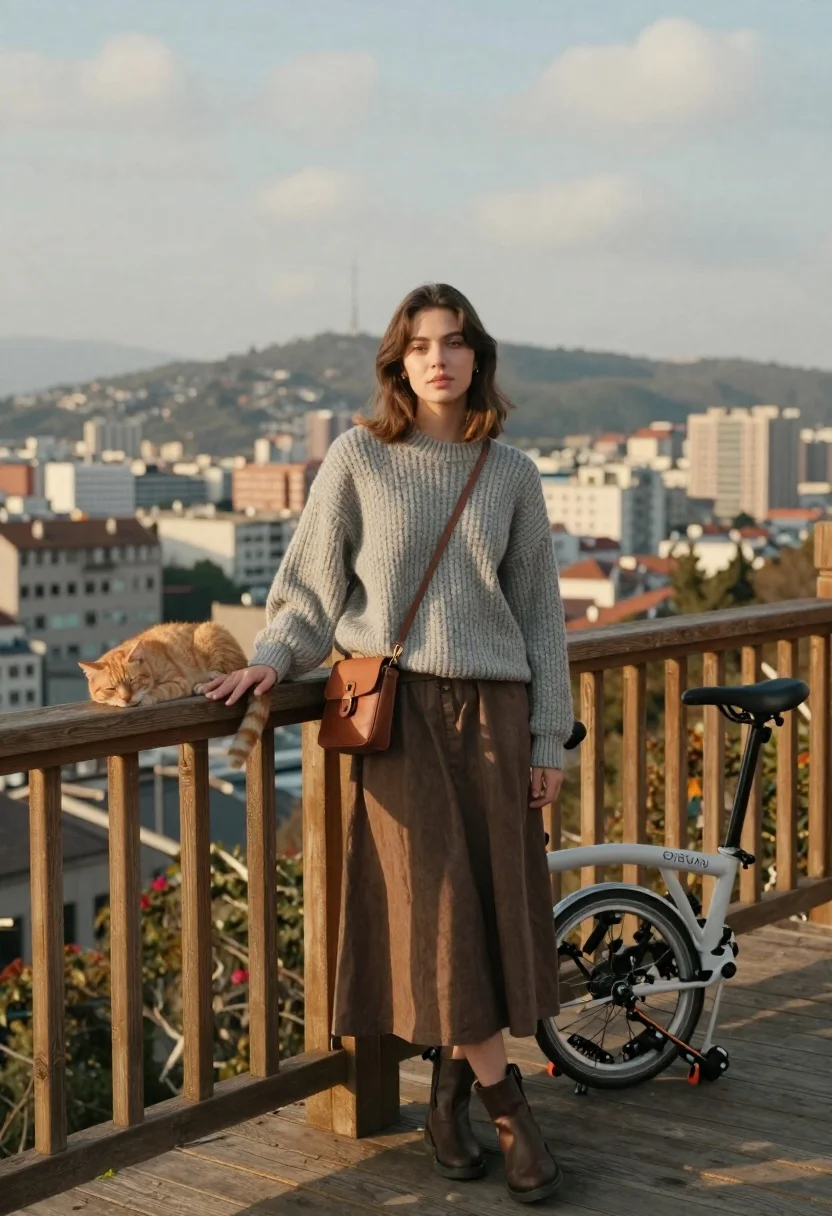 Young woman with cat on wooden deck overlooking blurred city skyline - AI generated image prompt sample