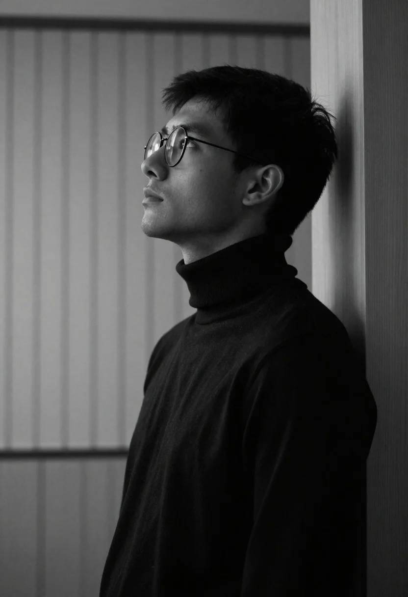 Black and white portrait of young man looking upward in profile - AI generated image prompt sample