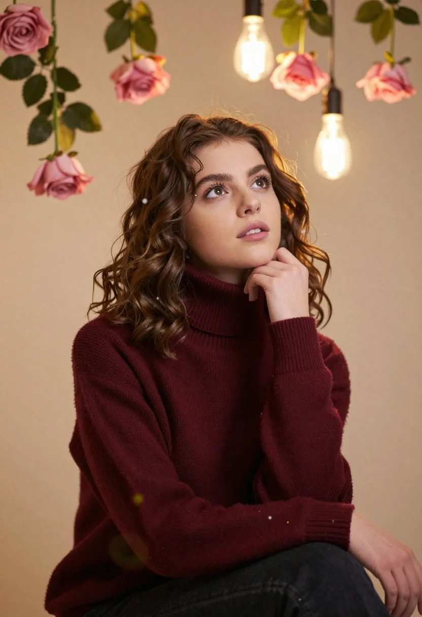 Young woman in maroon turtleneck sweater looking up among pink roses - AI generated image prompt sample