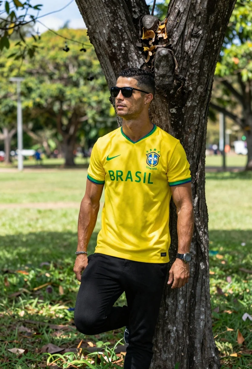 Man leaning against tree in yellow soccer jersey