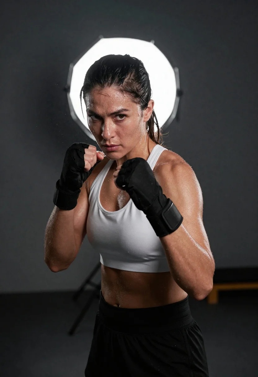 Muscular woman in boxing stance staring intensely at camera