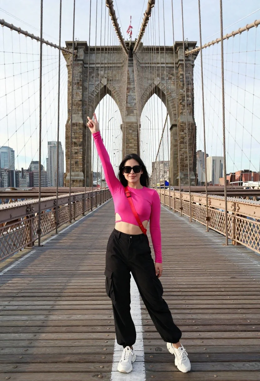 Young woman posing on suspension bridge walkway overlooking city skyline