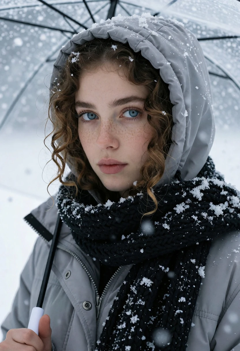 Close up portrait of young woman with blue eyes in falling snow - AI generated image prompt sample