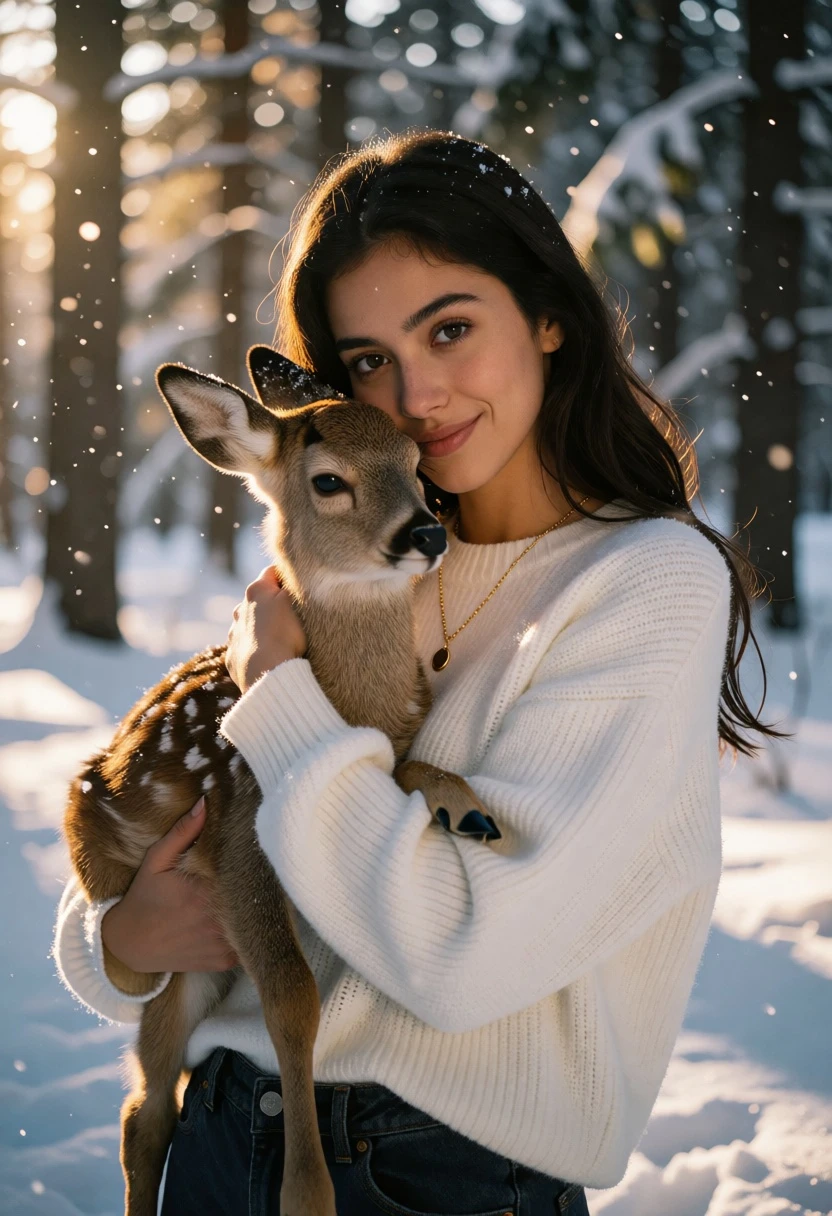 Young woman cradling fawn in snowy forest with golden sunlight glow - AI generated image prompt sample