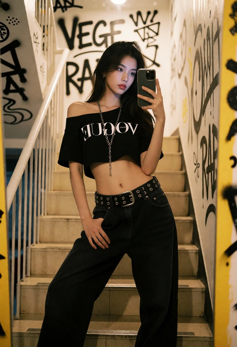 Young woman mirror selfie on cream staircase with black graffiti backdrop - AI generated image prompt sample