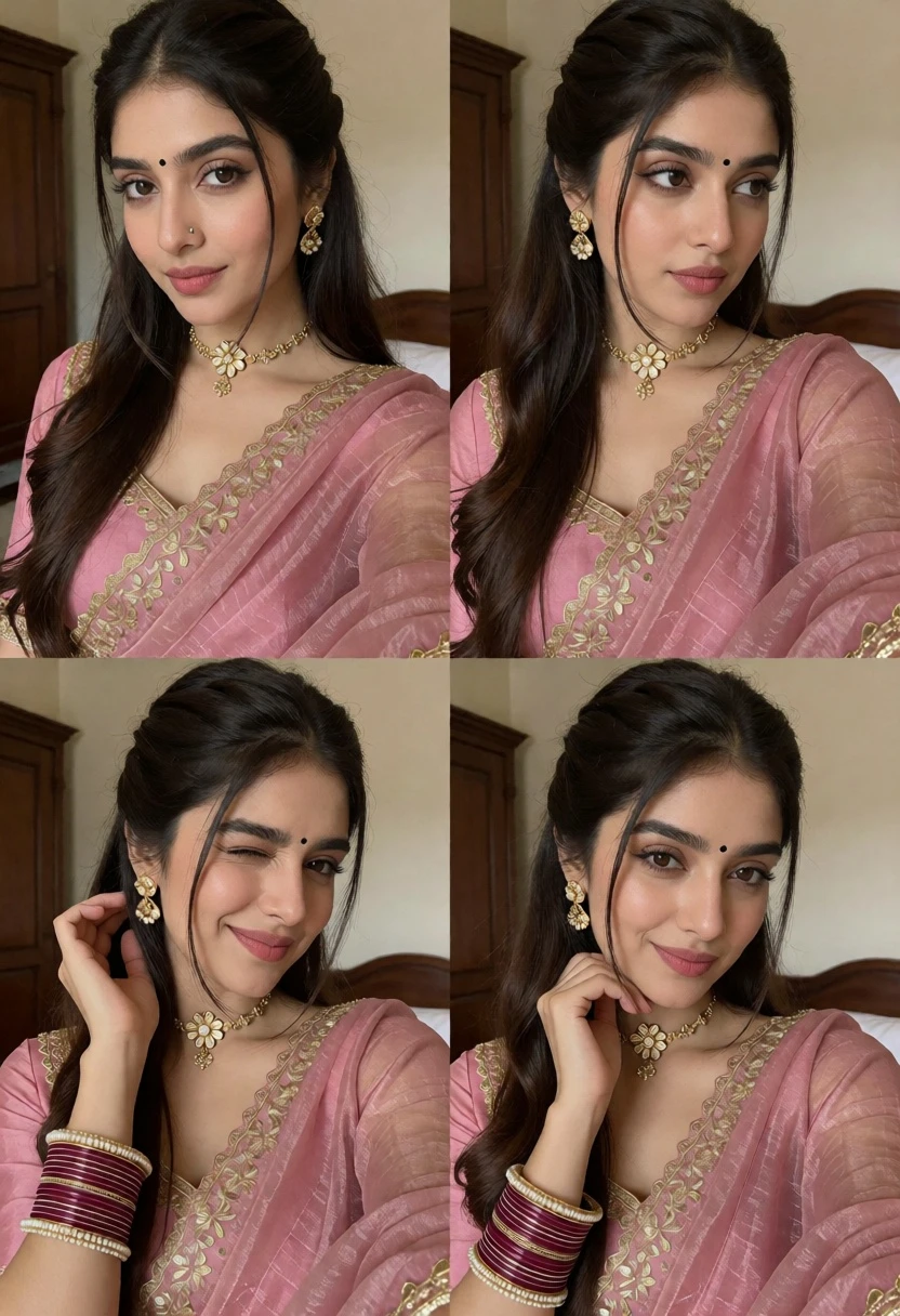 Young woman in dusty pink saree posing indoors with gold jewelry - AI generated image prompt sample