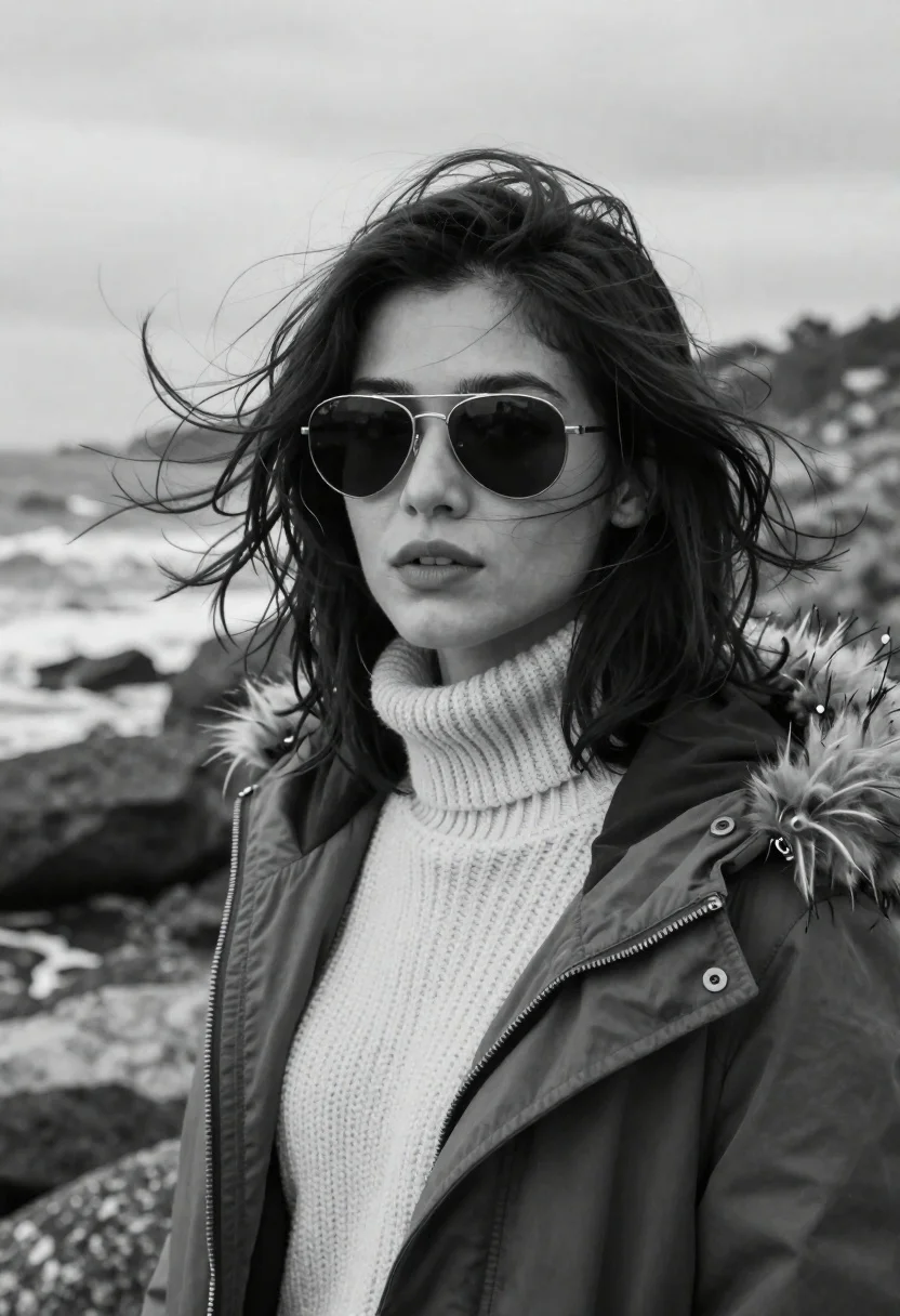 Portrait of woman in knit sweater and parka on rocky coastline - AI generated image prompt sample