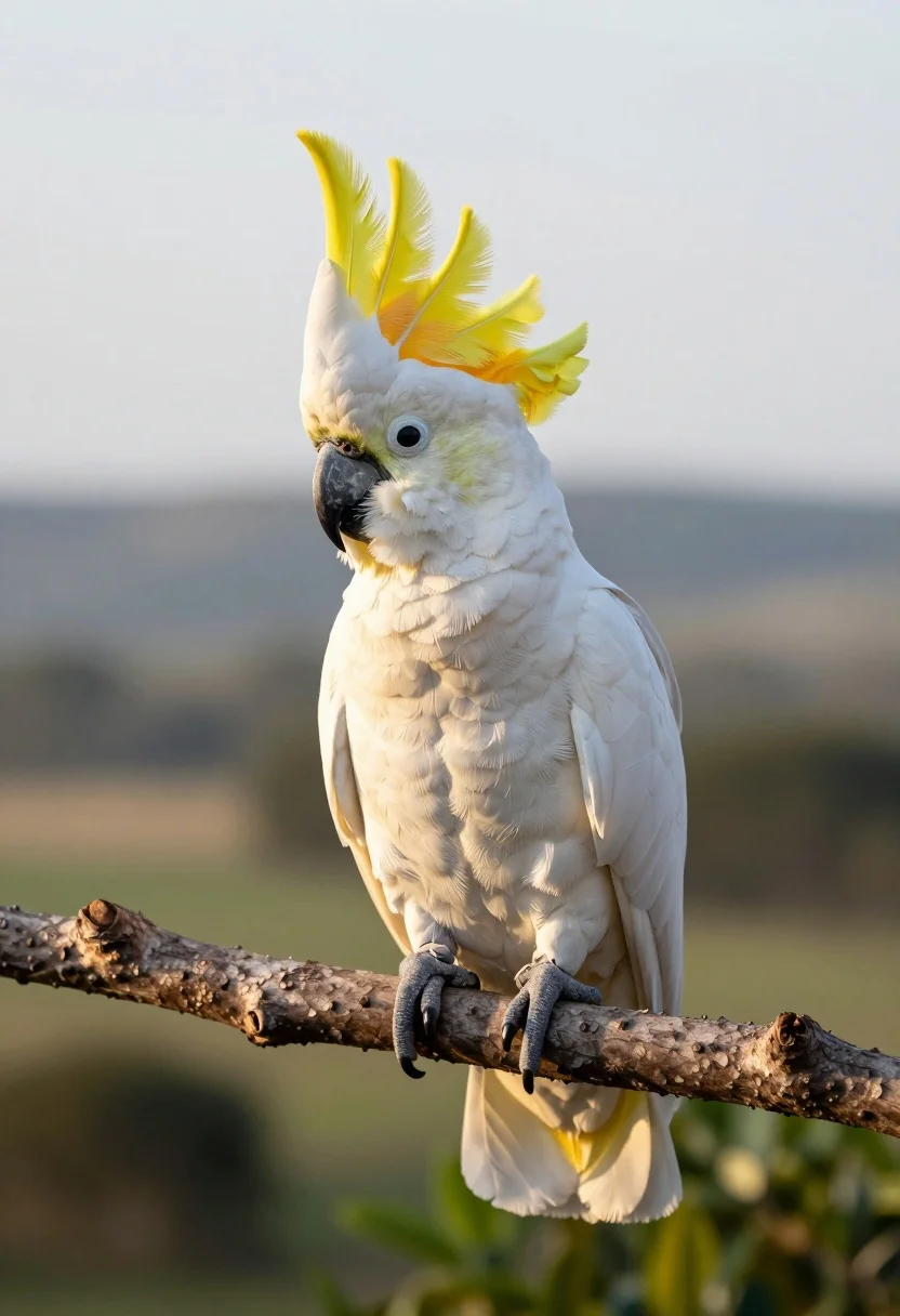 Majestic white cockatoo perched on a branch with raised yellow crest - AI generated image prompt sample
