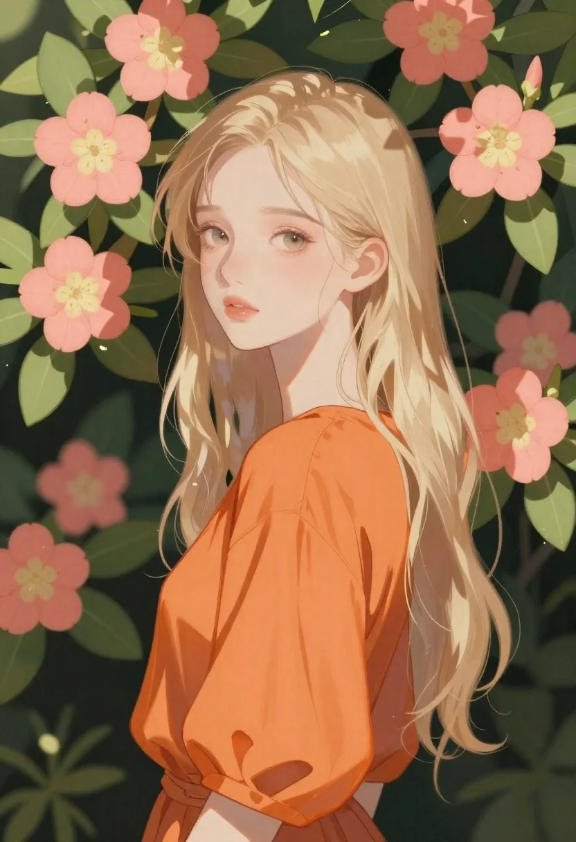 Anime girl in lush greenery with pink flowers