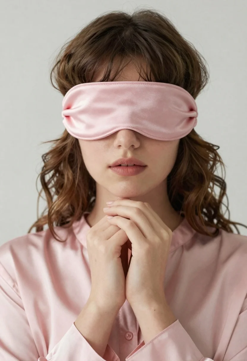 Portrait of woman blindfolded with pink silk