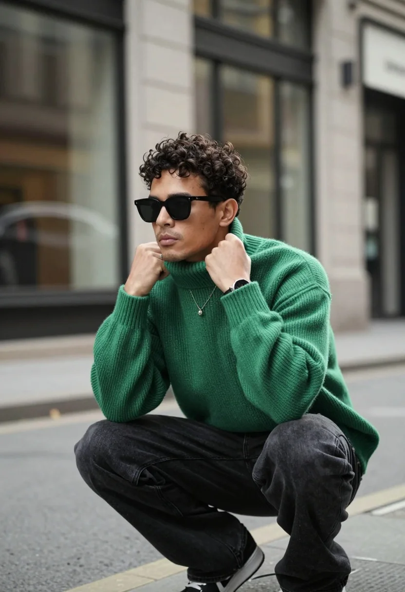 Man crouching in city street wearing green sweater and sunglasses - AI generated image prompt sample