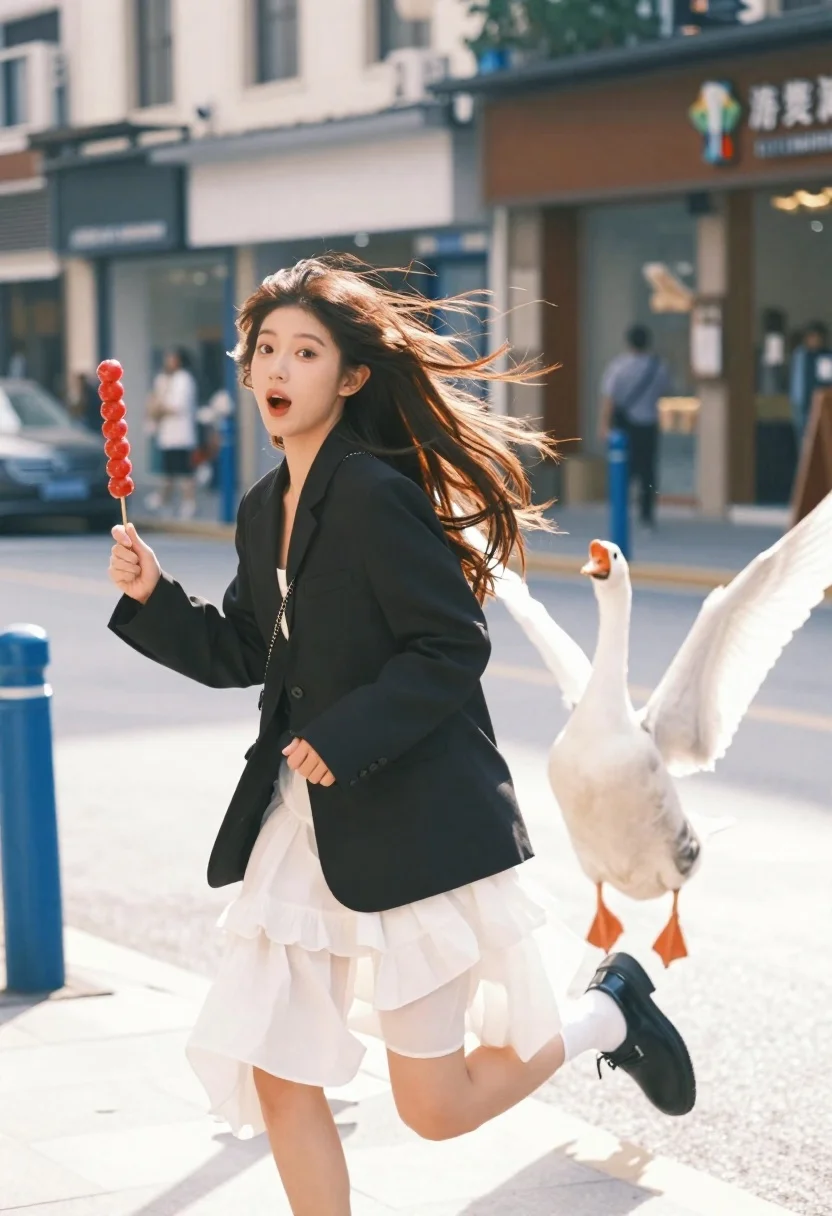 Young east asian woman running down city street chased by goose - AI generated image prompt sample