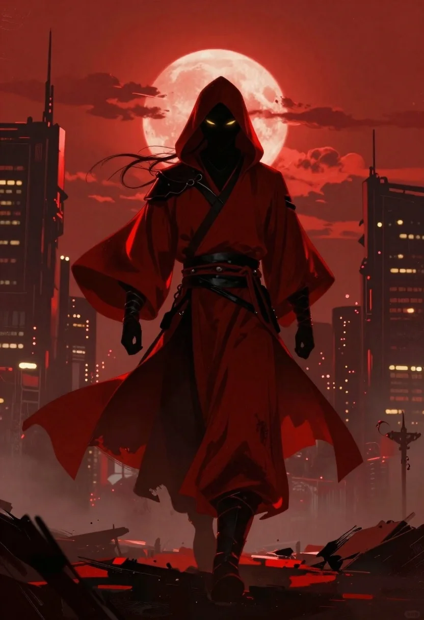 Warrior in red robes against crimson sky silhouette - AI generated image prompt sample