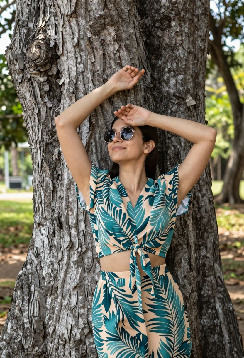 Young woman leaning against textured tree trunk in teal leafy outfit