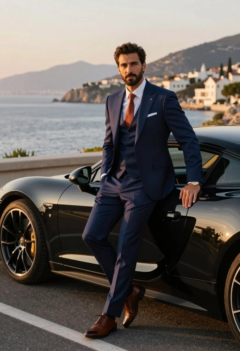 Handsome man in navy suit leaning on black sports car by sea - AI generated image prompt sample