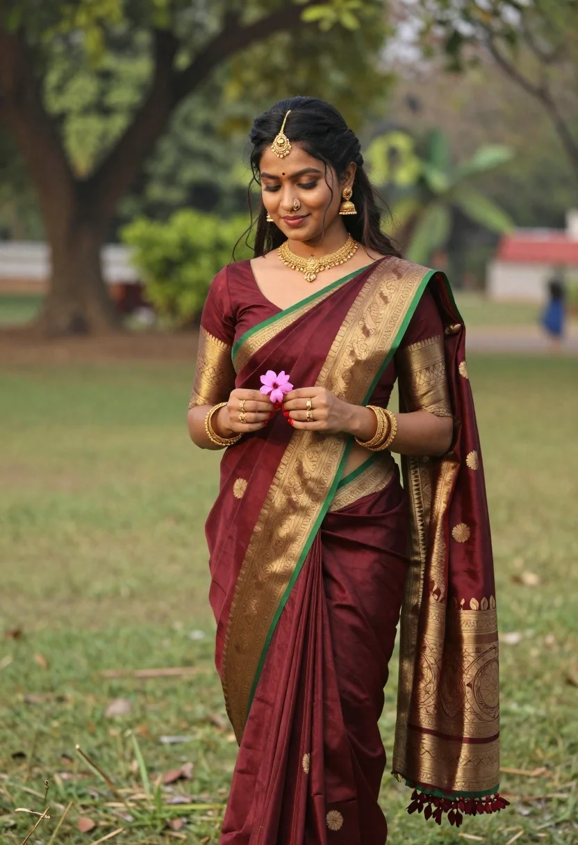 Young woman in maroon saree holding flower on lush green lawn