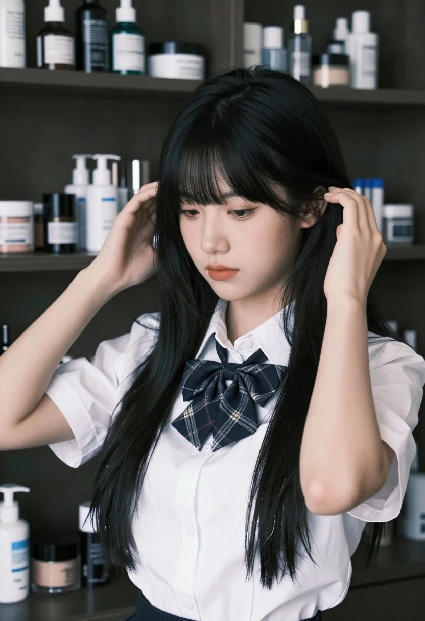 Young woman adjusting black hair in a dimly lit cosmetic filled room - AI generated image prompt sample